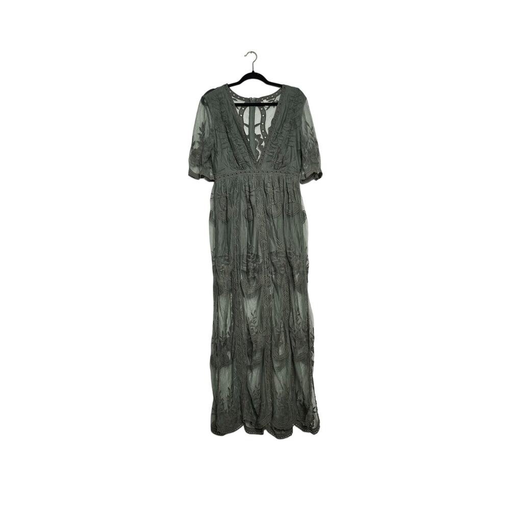 Wishlist Sage Green Lace Maxi Romper Dress Size Large Boho Floral Sheer Festival